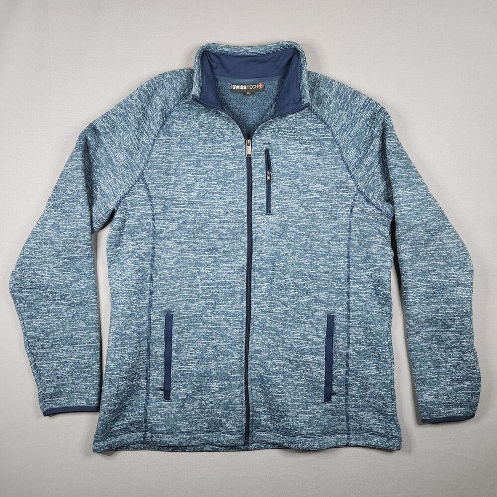 Swiss Tech Men's Heather Blue Full-Zip Sweater Jacket, Zip Pockets Size L